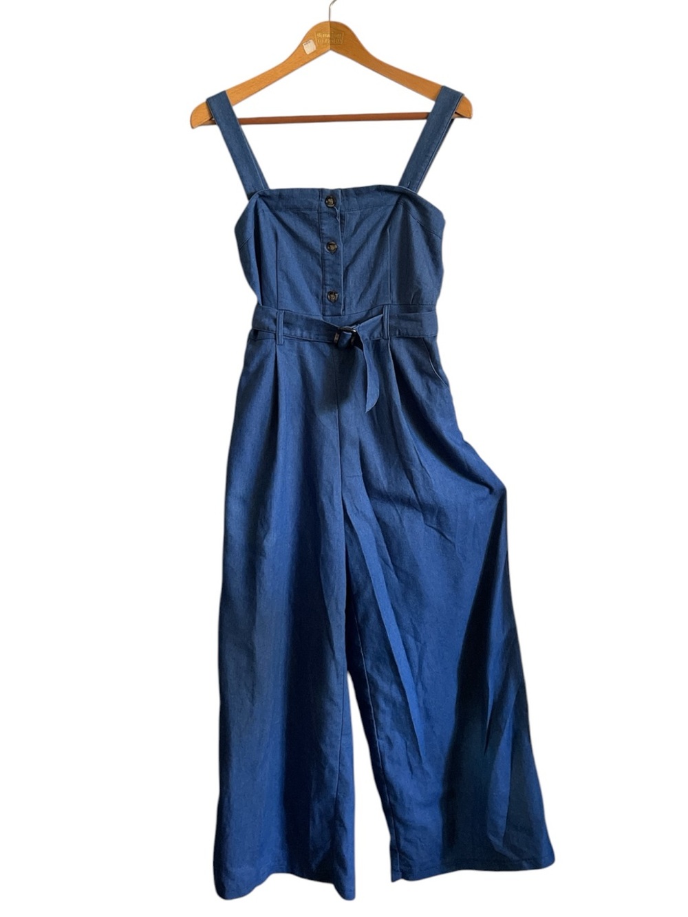 Japanese Wide Leg Jumpsuit Blue Chambray Cottagecore Pockets - Picture 2 of 7